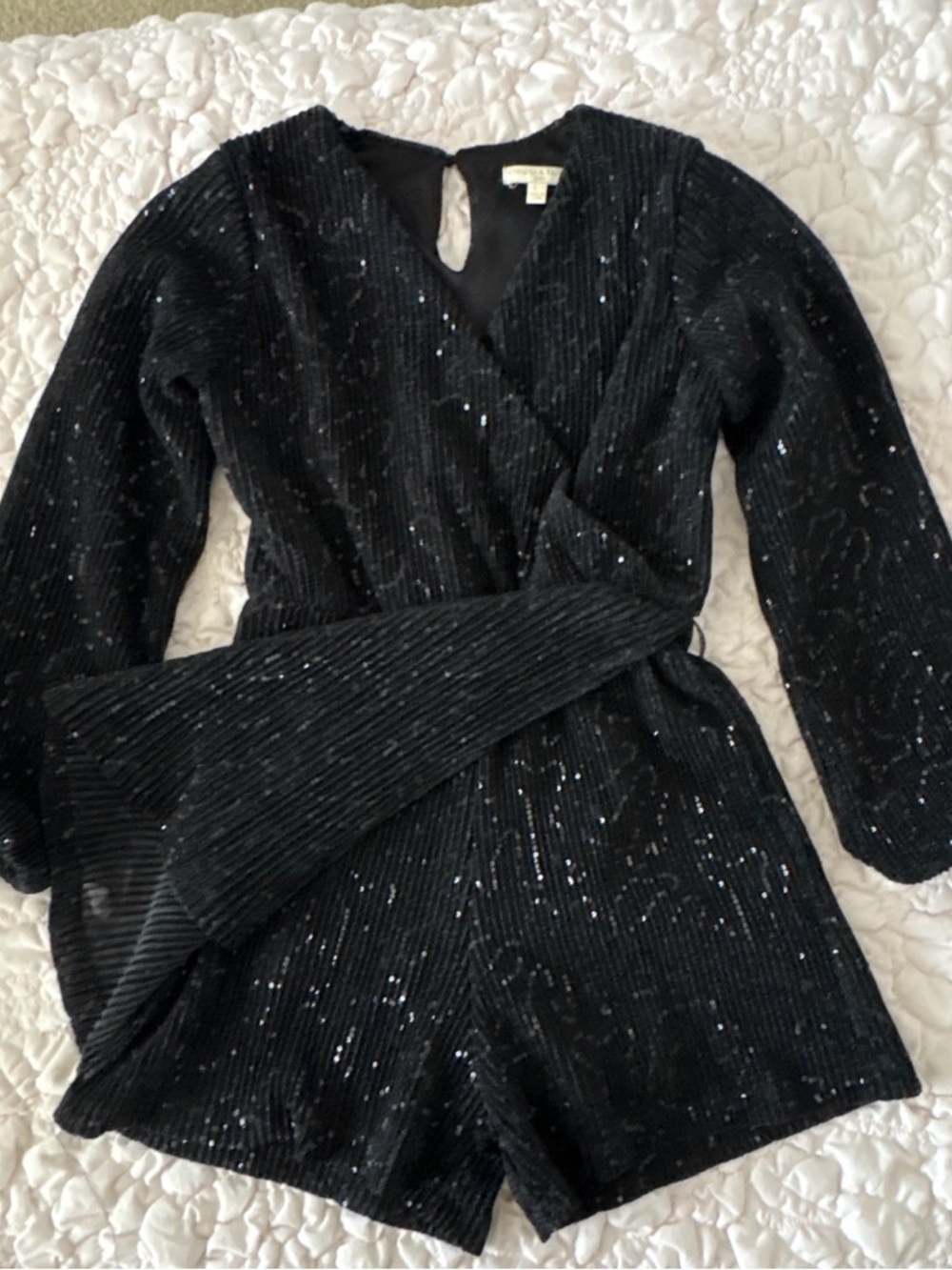 Black Sequin Long-Sleeve Wrap Romper Dress